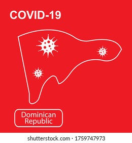 Mapa de dominicanos etiquetados como "Epidemia y Cuarentena". Mapa de esquema blanco de dominicano sobre un fondo rojo. Ilustración vectorial de un virus, coronavirus, epidemiología.