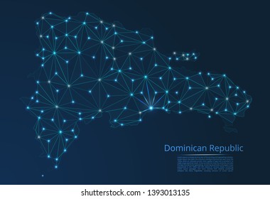 Map of Dominican Republic connection. Vector low-poly image of a global map with lights in the form of cities or population density, consisting of points and shapes in the form of stars and space.