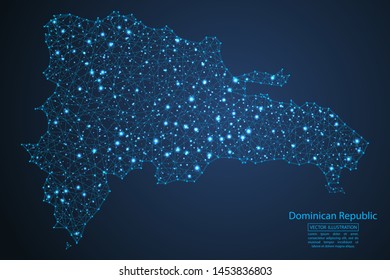 A map of Dominican Republic consisting of 3D triangles, lines, points, and connections. Vector illustration of the EPS 10.
