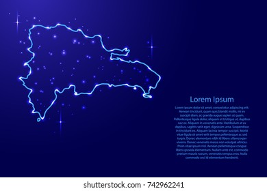 Map Dominican Republic from the contours network blue, luminous space stars for banner, poster, greeting card, of vector illustration