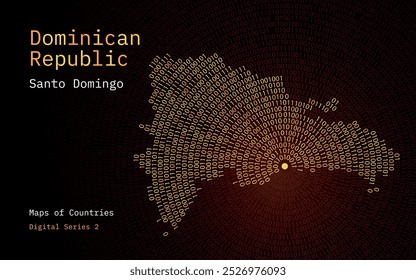 A map of Dominican Republic depicted in zeros and ones in the form of a circle. The capital, Santo Domingo, is shown in the center of the circle