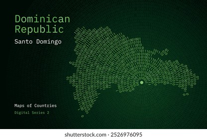 A map of Dominican Republic depicted in zeros and ones in the form of a circle. The capital, Santo Domingo, is shown in the center of the circle