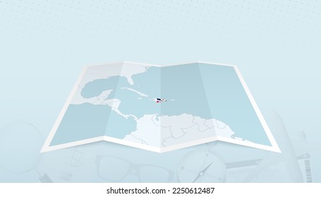 Map of Dominican Republic with the flag of Dominican Republic in the contour of the map on a trip abstract backdrop. Travel illustration.