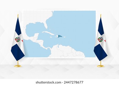 Mapa de República Dominicana y banderas de República Dominicana en el stand de la bandera. Ilustración vectorial para la reunión de diplomacia.