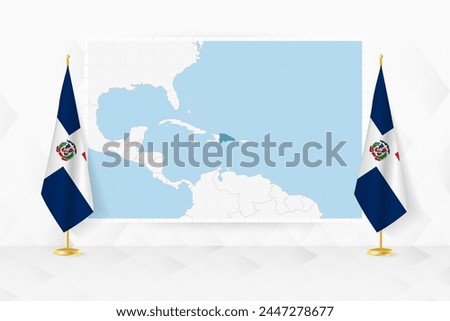 Map of Dominican Republic and flags of Dominican Republic on flag stand. Vector illustration for diplomacy meeting.
