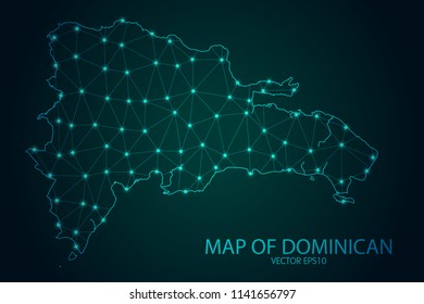 Map of Dominican Republic - With glowing point and lines scales on The Dark Gradient Background, 3D mesh polygonal network connections. Vector illustration eps10.