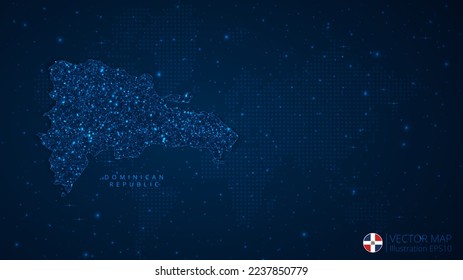 Map of Dominican Republic modern design with polygonal shapes on dark blue background. Business wireframe mesh spheres from flying debris. Blue structure style vector illustration concept.