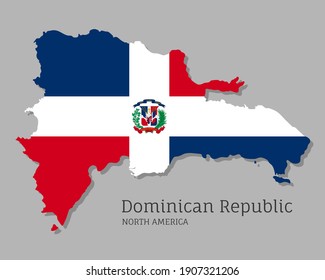 Map of Dominican Republic with national flag. Highly detailed editable map of North America country territory borders. Political or geographical design vector illustration on gray background