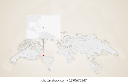 Map of Dominican Republic with neighbor countries pinned on world map. Abstract triangles World Map.