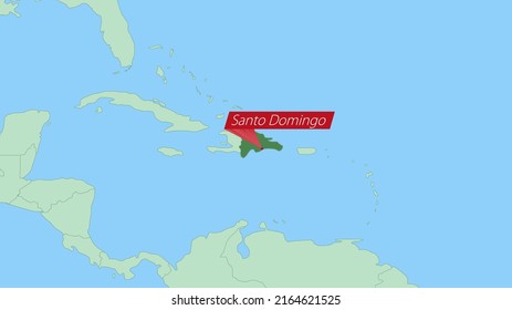 Map of Dominican Republic with pin of country capital. Dominican Republic Map with neighboring countries in green color.