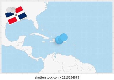 Map of Dominican Republic with a pinned blue pin. Pinned flag of Dominican Republic, vector illustration.