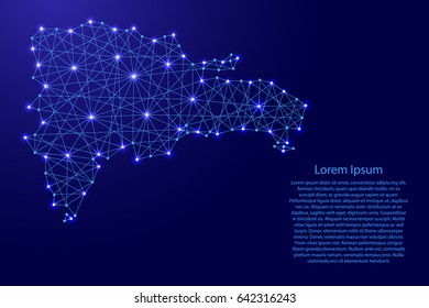 Map of Dominican Republic from polygonal blue lines and glowing stars vector illustration
