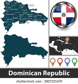 Map of Dominican Republic with provinces and location on Caribbean map. Vector image