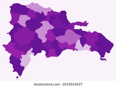 Map of Dominican Republic with regions. Just a simple country border map with region division. Purple color palette. Flat Dominican Republic shape with administrative division. Vector illustration.