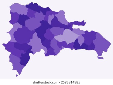 Map of the Dominican Republic with regions. A simple country border map with regional divisions in a deep purple color palette.