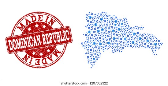 Map of Dominican Republic vector mosaic and Made In grunge stamp. Map of Dominican Republic composed with blue gear connections. Made in red seal with corroded rubber texture.