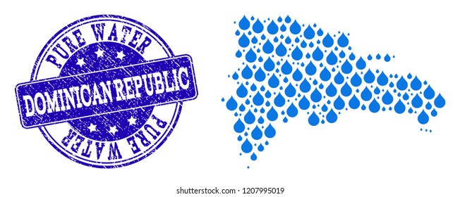 Map of Dominican Republic vector mosaic and Pure Water grunge stamp. Map of Dominican Republic created with blue liquid drops. Seal with grunge rubber texture for pure drinking water.