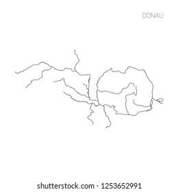 Map of Donau river drainage basin. Simple thin outline vector illustration.