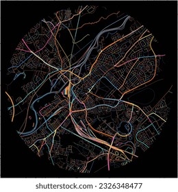 Map of Doncaster, Yorkshire and the Humber with all major and minor roads, railways and waterways. Colorful line art on black background.