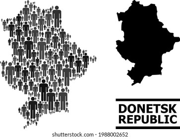 Map of Donetsk Republic for demographics projects. Vector demographics mosaic. Mosaic map of Donetsk Republic constructed of men icons. Demographic scheme in dark grey color tints.