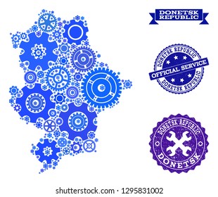 Map of Donetsk Republic formed with blue cog symbols, and isolated grunge seals for official repair services.