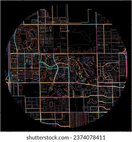 Map of Doral, Florida with all major and minor roads, railways and waterways. Colorful line art on black background.