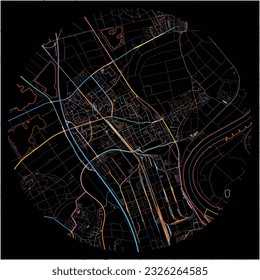 Map of Dormagen, North Rhine-Westphalia with all major and minor roads, railways and waterways. Colorful line art on black background.