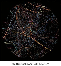 Map of Dornbirn, Vorarlberg with all major and minor roads, railways and waterways. Colorful line art on black background.