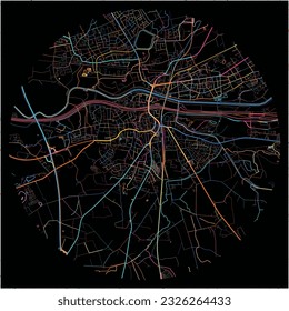 Map of Dorsten, North Rhine-Westphalia with all major and minor roads, railways and waterways. Colorful line art on black background.