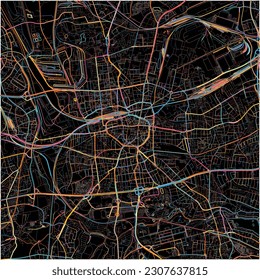 Map of Dortmund, North Rhine-Westphalia with all major and minor roads, railways and waterways. Colorful line art on black background.