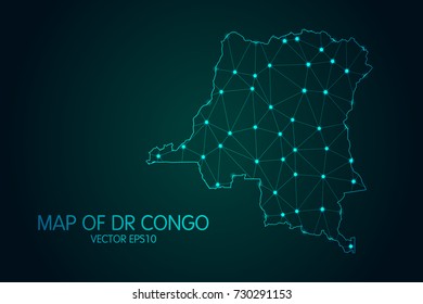 Map of DR Congo - With glowing point and lines scales on the dark gradient background, 3D mesh polygonal network connections.Vector illustration eps 10.