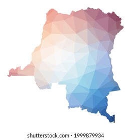 Map of DR Congo. Low poly illustration of the country. Geometric design with stripes. Technology, internet, network concept. Vector illustration.