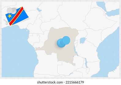 Map of DR Congo with a pinned blue pin. Pinned flag of DR Congo, vector illustration.