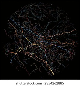 Map of Draguignan, Var with all major and minor roads, railways and waterways. Colorful line art on black background.