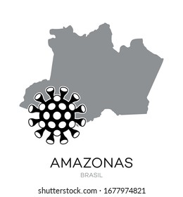 Map drawing of Brazilian state "Amazonas" with Virus Icon Illustration. 