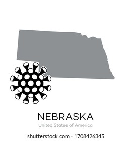 Kartenzeichnung des US-Bundesstaates "Nebraska" mit Virus Icon Illustration.