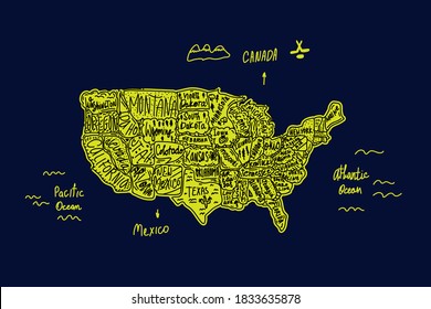 A map drawn in the Doodle style of the United States of America. Illustration of a trip to the US States and attractions with lettering of names drawn by hand in bright green color. America in cute