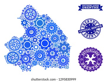 Map of Drenthe Province composed with blue gear symbols, and isolated grunge seals for official repair services.