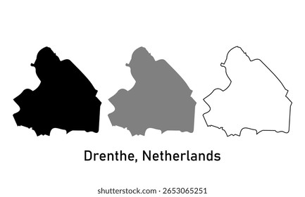 Mapa de Drenthe, província dos Países Baixos sobre um fundo branco. Mapear em vários estilos de contorno, preto e cinza