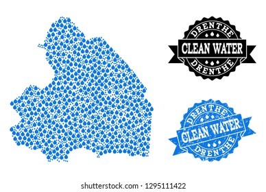 Map of Drenthe Province vector mosaic and clean water grunge stamp. Map of Drenthe Province designed with blue water raindrops. Seal with distress rubber texture for clean drinking water.
