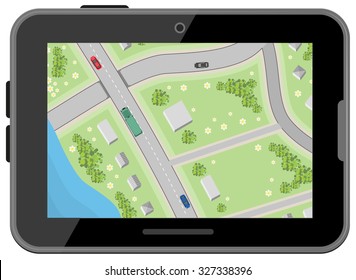 Map with driving directions. Top view. Black digital tablet. Car Navigation. Illustration in vector format
