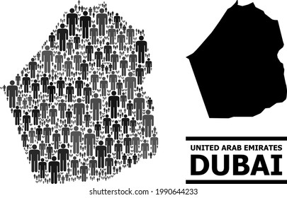 Map of Dubai Emirate for politics projects. Vector population collage. Composition map of Dubai Emirate constructed of population icons. Demographic scheme in dark grey color tones.