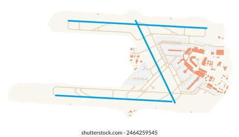 Karte von Dublin Flughafen (Irland). IATA-Code: DUB. Flughafenschema mit Start- und Landebahnen, Rollbahnen, Vorfeld, Parkplätzen und Gebäuden. Kartendaten von OpenStreetMap.