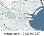 Map of Dublin, Ireland. Detailed city vector map, metropolitan area. Streetmap with roads and water.