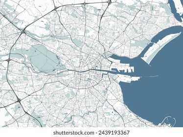 Karte von Dublin, Irland. Detaillierte Stadt-Vektor-Karte, Metropolregion. Straßenplan mit Straßen und Wasser.