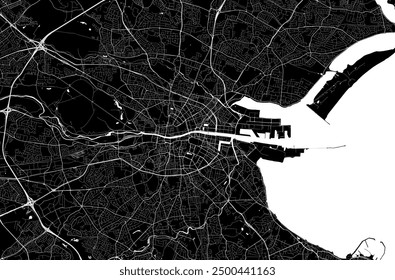 Map of Dublin, Ireland. Detailed city vector map, metropolitan area. Black and white streetmap with roads and water.