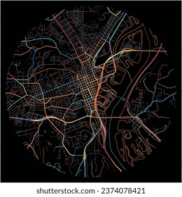 Map of Dubuque, Iowa with all major and minor roads, railways and waterways. Colorful line art on black background.