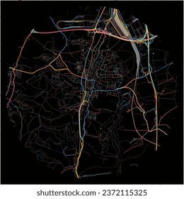 Map of Dudelange, Esch-sur-Alzette with all major and minor roads, railways and waterways. Colorful line art on black background.