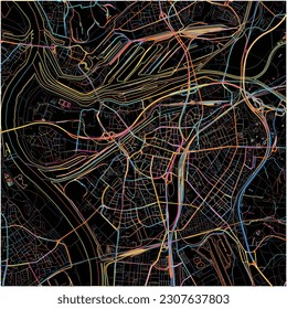 Map of Duisburg, North Rhine-Westphalia with all major and minor roads, railways and waterways. Colorful line art on black background.