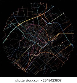 Map of Dulmen, North Rhine-Westphalia with all major and minor roads, railways and waterways. Colorful line art on black background.